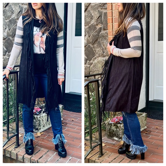 #24 Chic plaid sleeves fringe trim open cardigan - Picture 3 of 6